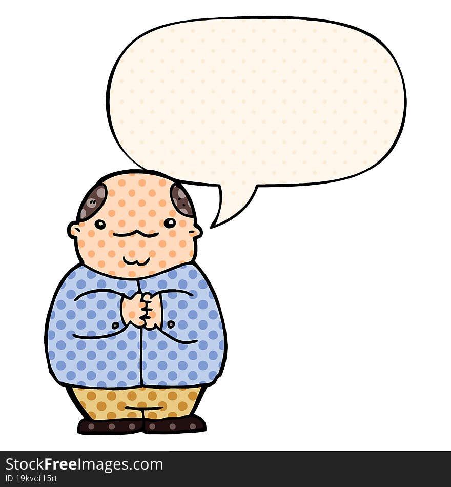 cartoon balding man with speech bubble in comic book style