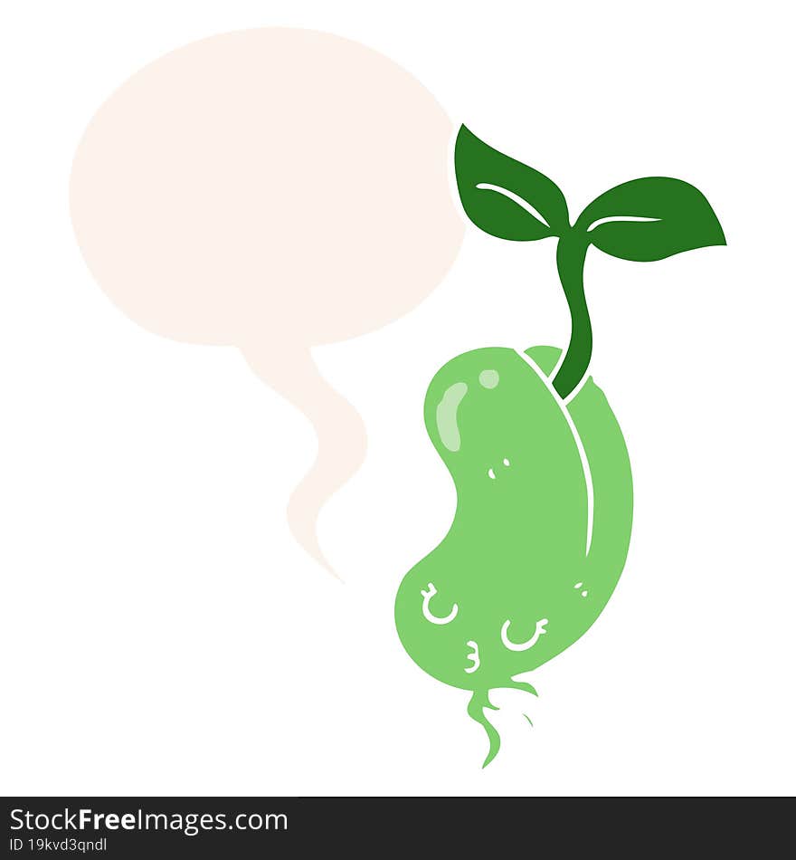 cartoon sprouting bean and speech bubble in retro style