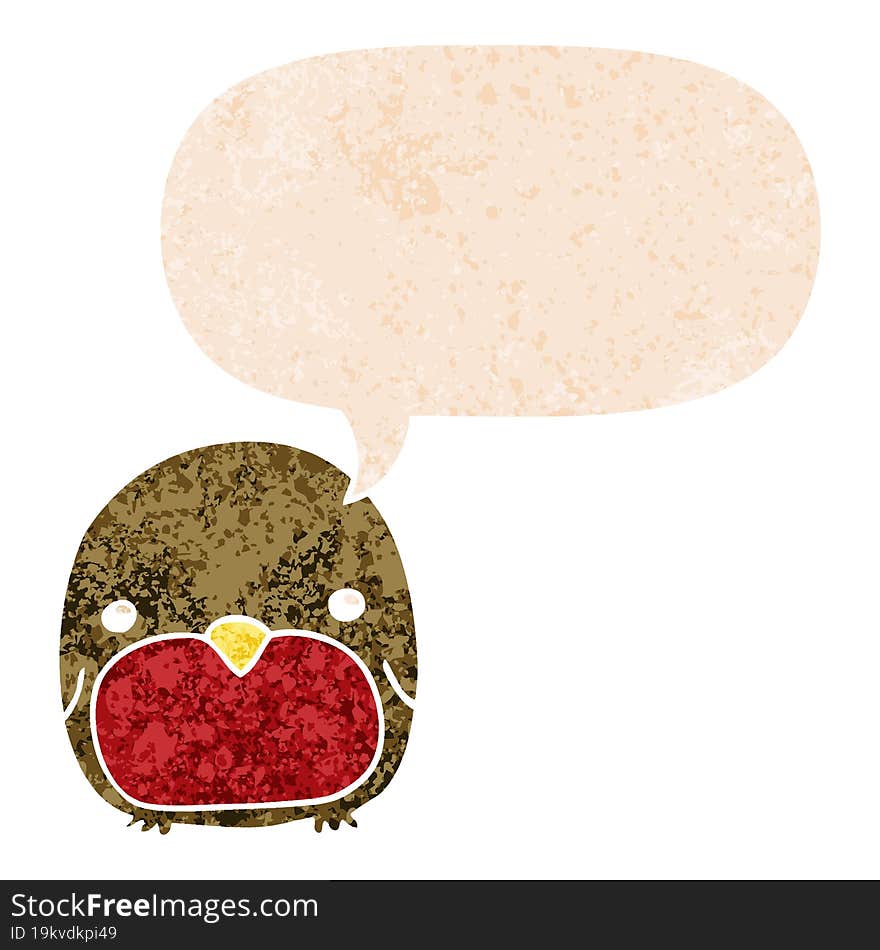 Cute Cartoon Penguin And Speech Bubble In Retro Textured Style