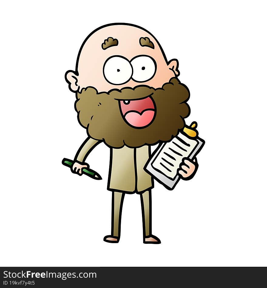 cartoon crazy happy man with beard and clip board for notes. cartoon crazy happy man with beard and clip board for notes