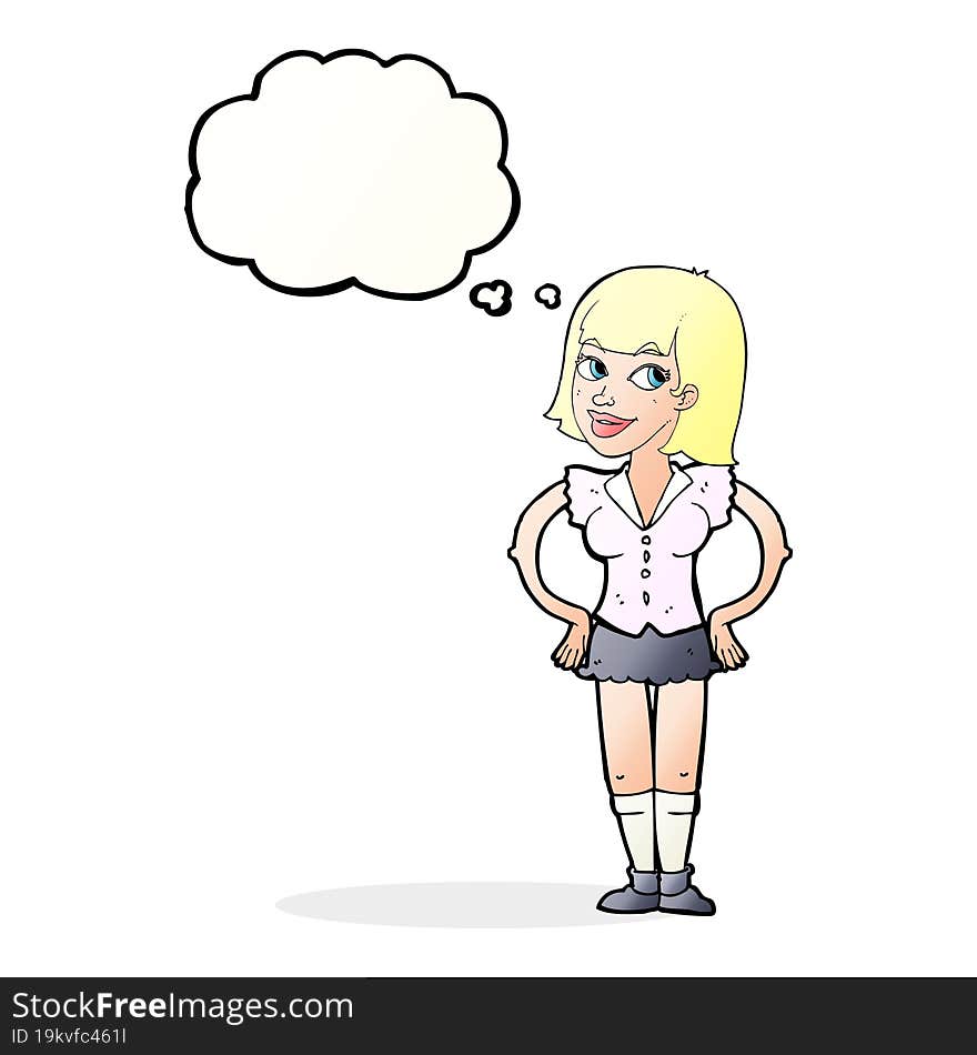 cartoon woman with hands on hips with thought bubble