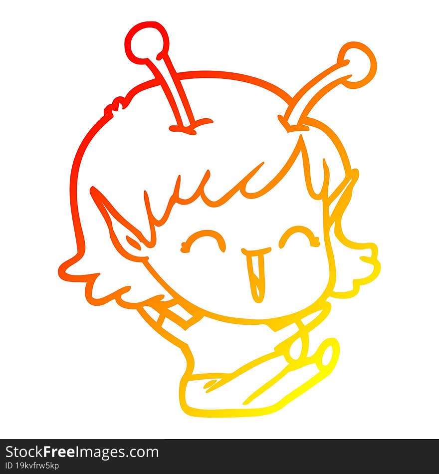 warm gradient line drawing of a cartoon alien girl laughing