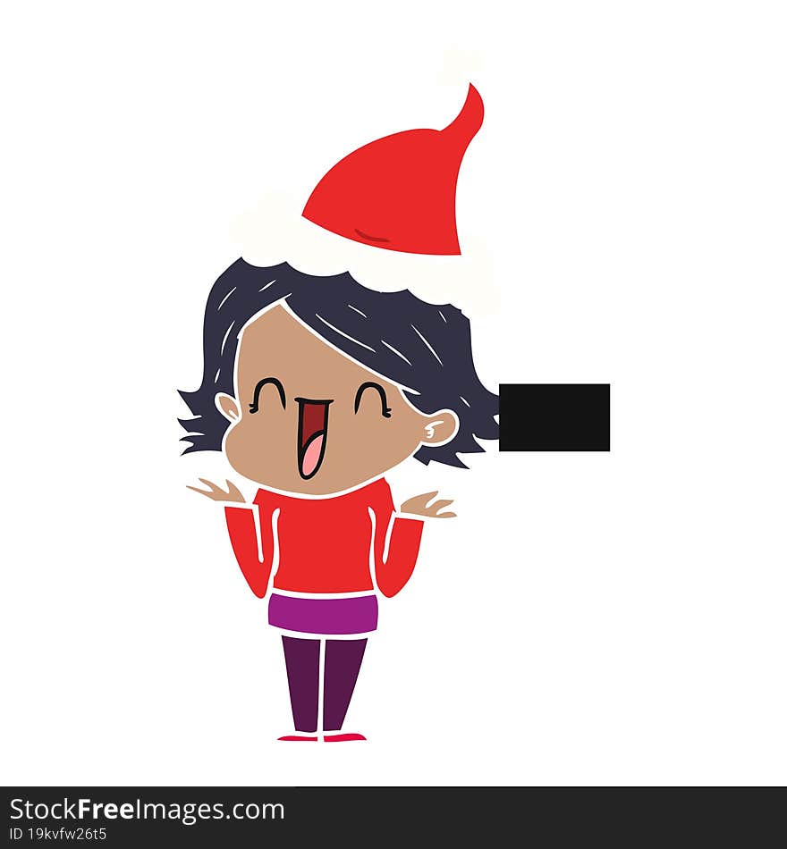 Flat Color Illustration Of A Happy Woman Wearing Santa Hat