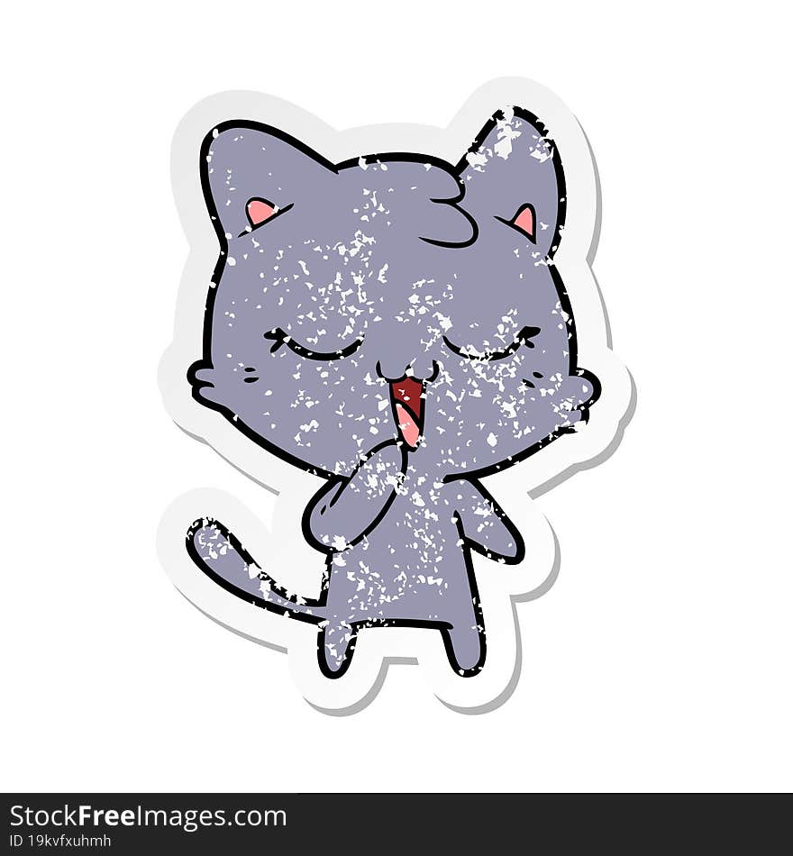 distressed sticker of a happy cartoon cat