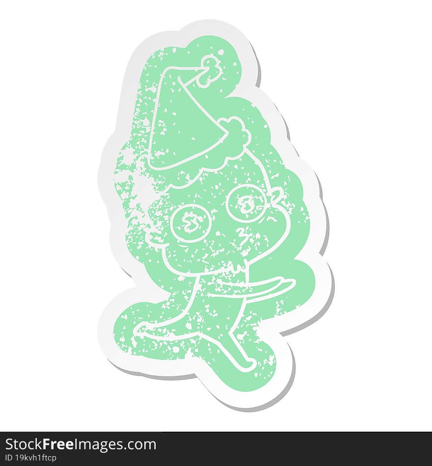 cartoon distressed sticker of a weird bald spaceman running wearing santa hat