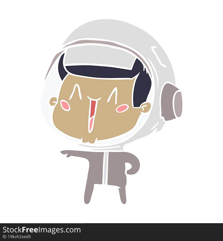 happy flat color style cartoon astronaut pointing