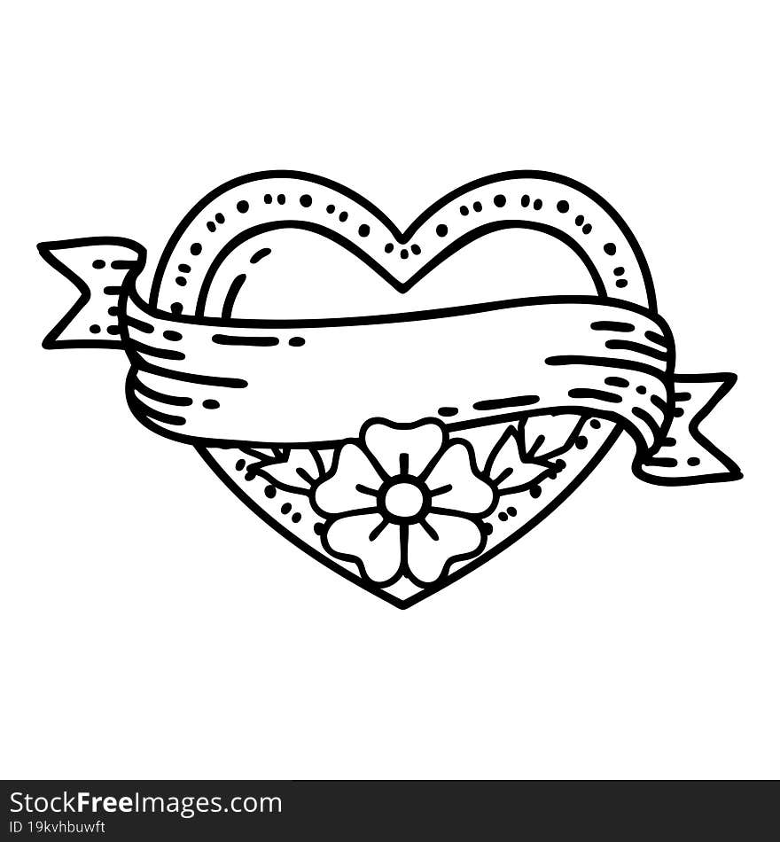 black line tattoo of a heart and banner with flowers