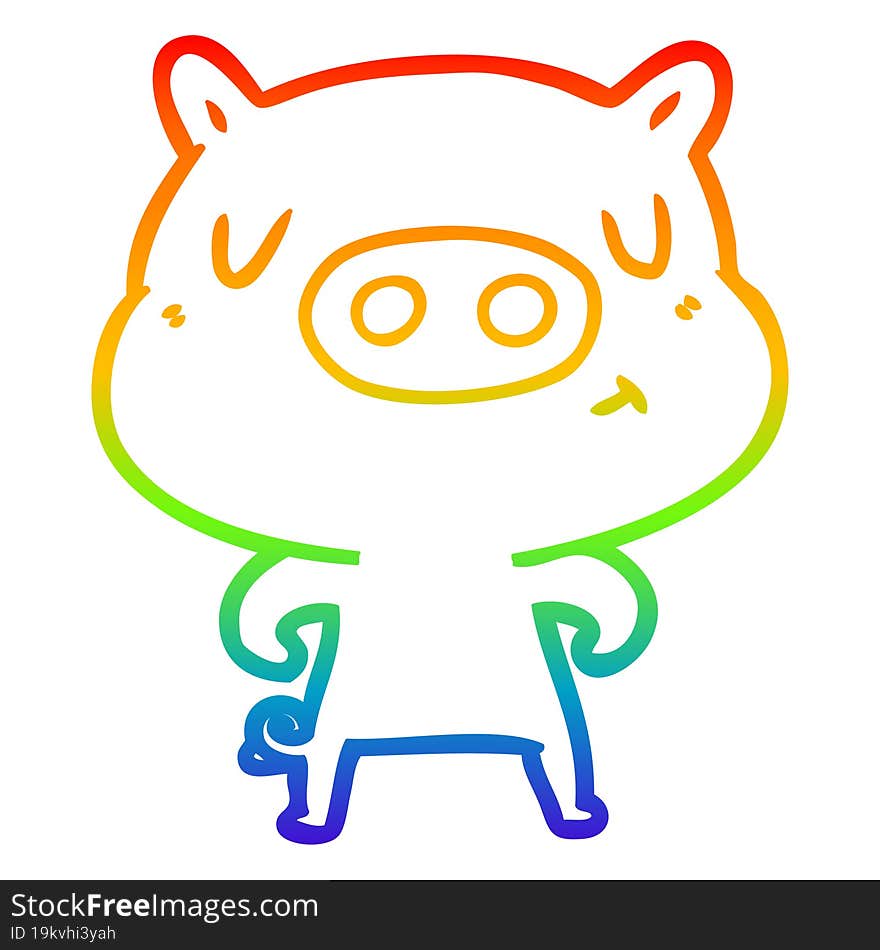 rainbow gradient line drawing of a cartoon content pig