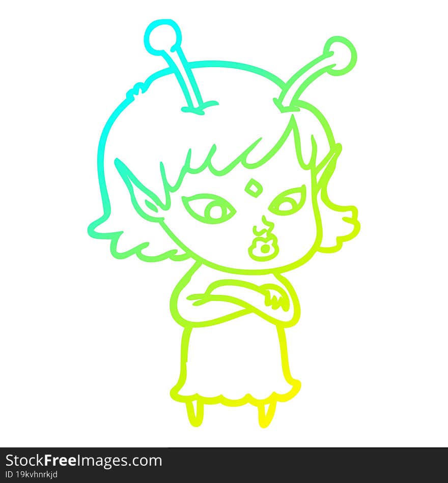 cold gradient line drawing pretty cartoon alien girl