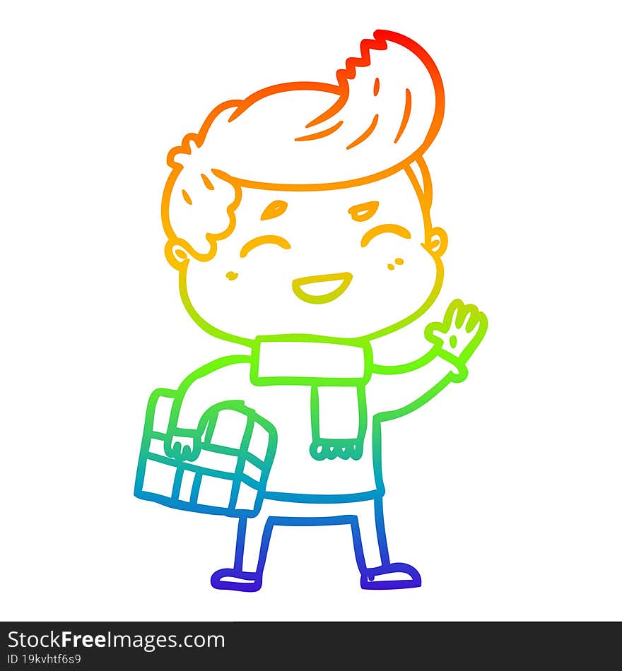 rainbow gradient line drawing of a cartoon man laughing carrying parcel