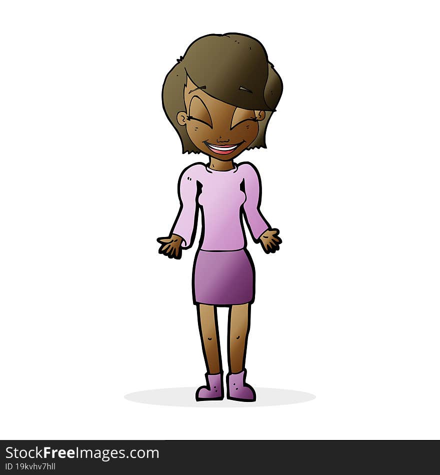 cartoon happy woman shrugging shoulders