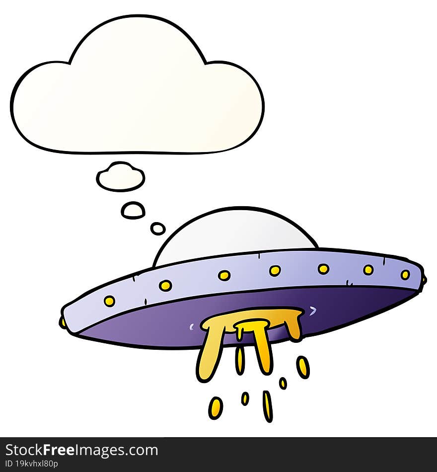 cartoon flying UFO and thought bubble in smooth gradient style