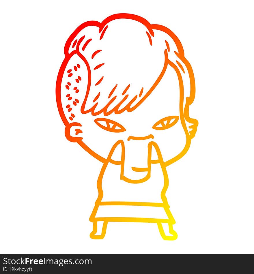 Warm Gradient Line Drawing Cute Cartoon Girl With Hipster Haircut