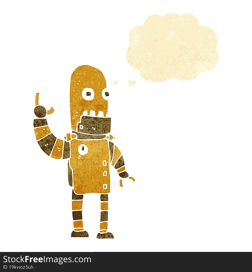 cartoon waving gold robot with thought bubble