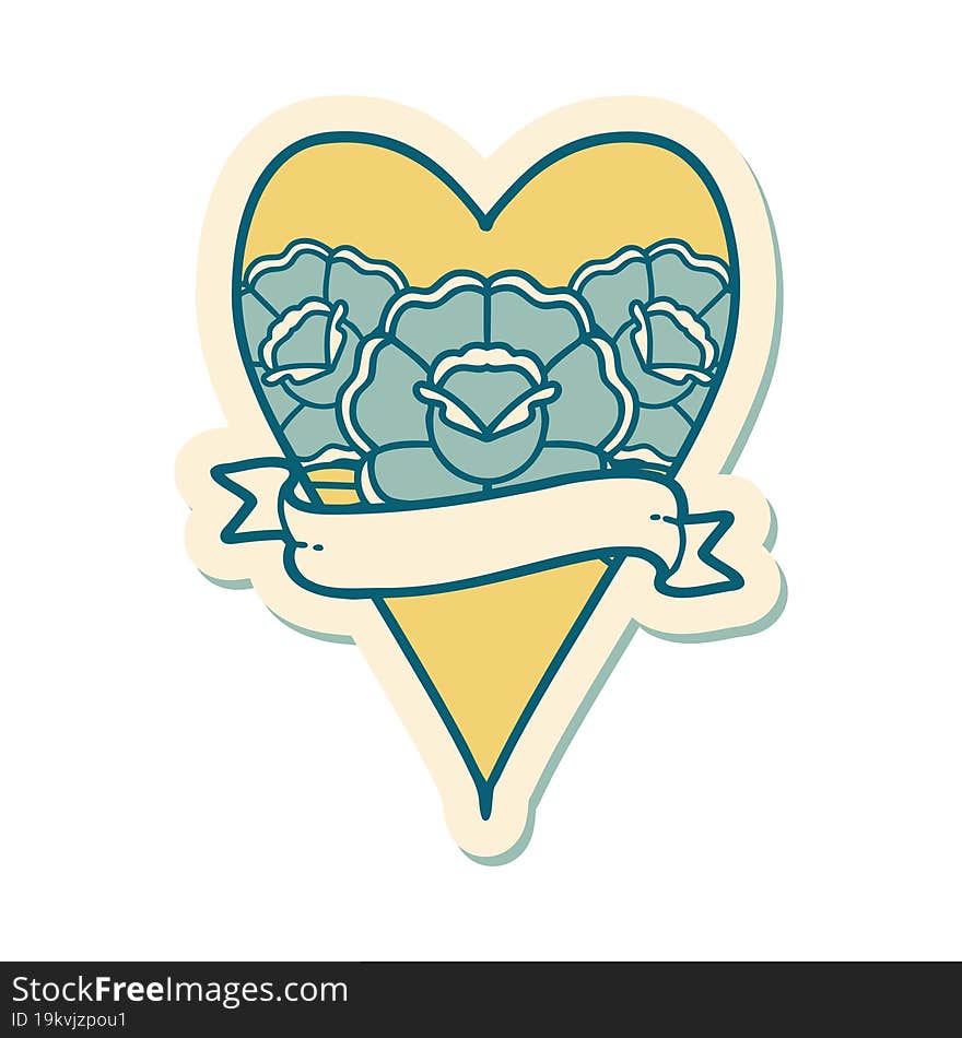 sticker of tattoo in traditional style of a heart and banner with flowers. sticker of tattoo in traditional style of a heart and banner with flowers