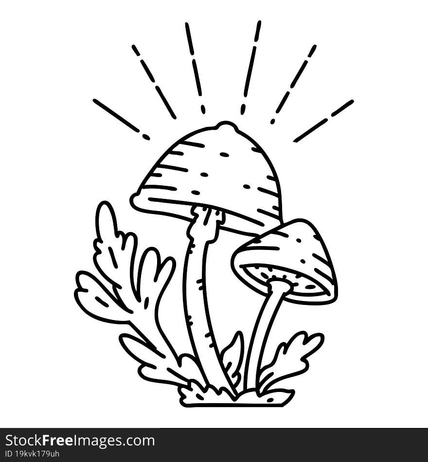 traditional black line work tattoo style mushrooms