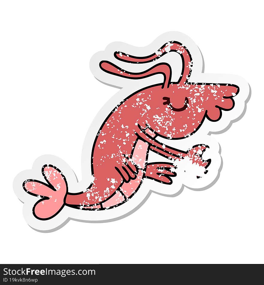 Distressed Sticker Of A Quirky Hand Drawn Cartoon Happy Shrimp