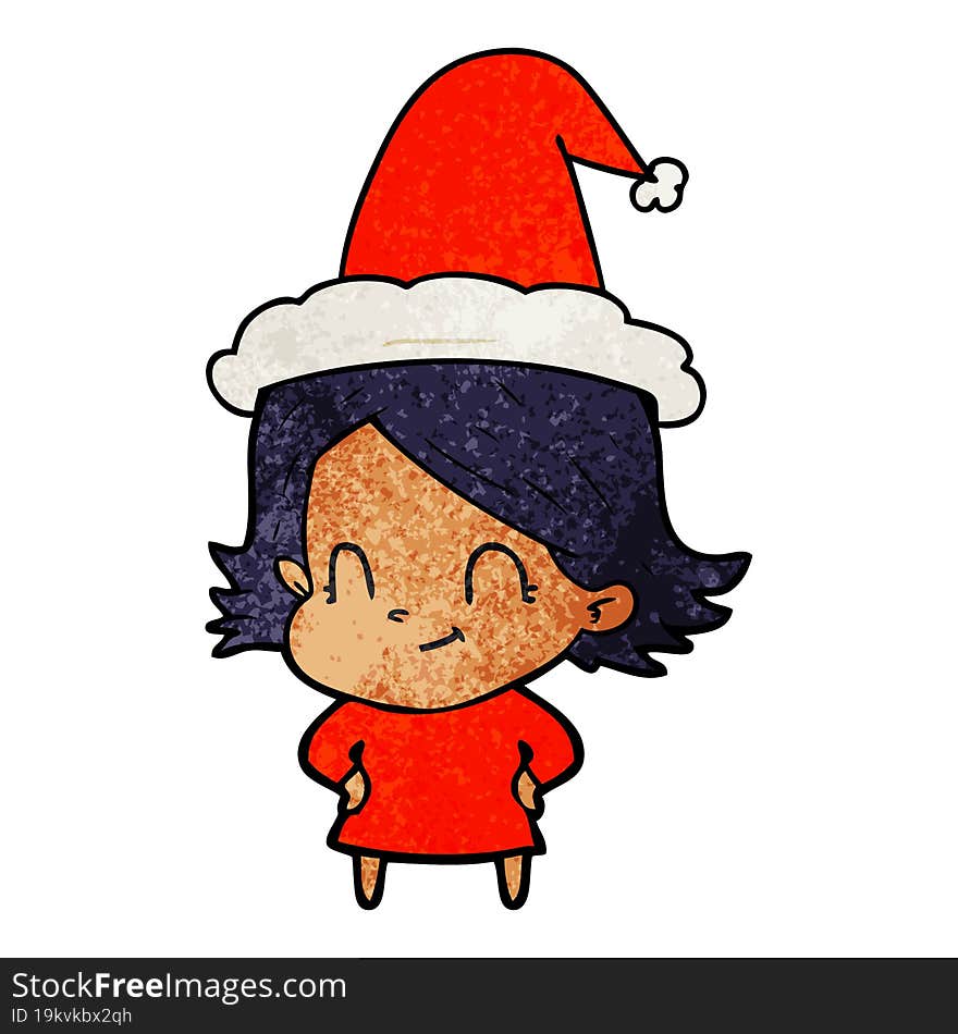 hand drawn textured cartoon of a friendly girl wearing santa hat