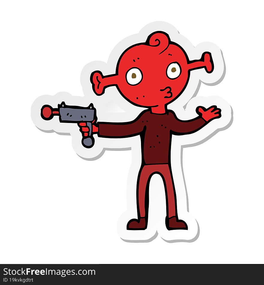 sticker of a cartoon alien with ray gun