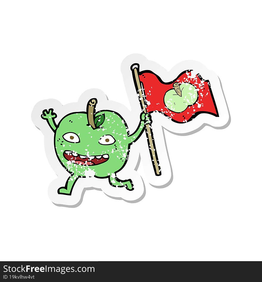 Retro Distressed Sticker Of A Cartoon Apple With Flag