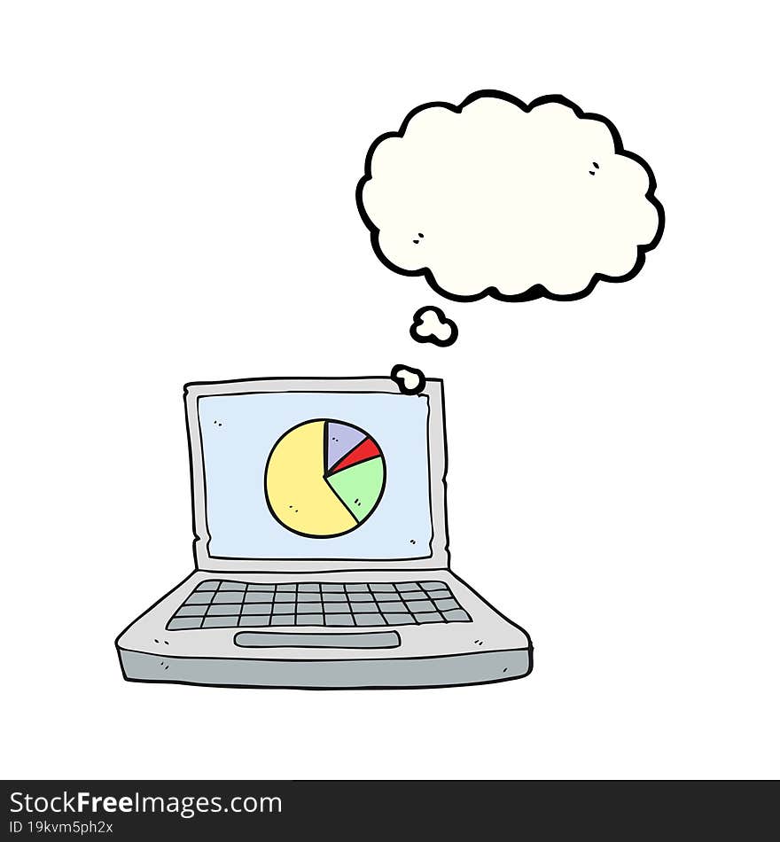 thought bubble cartoon laptop computer with pie chart