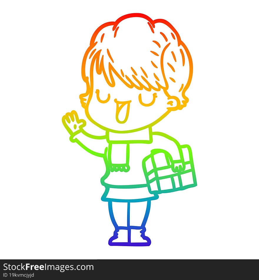 rainbow gradient line drawing of a cartoon woman talking