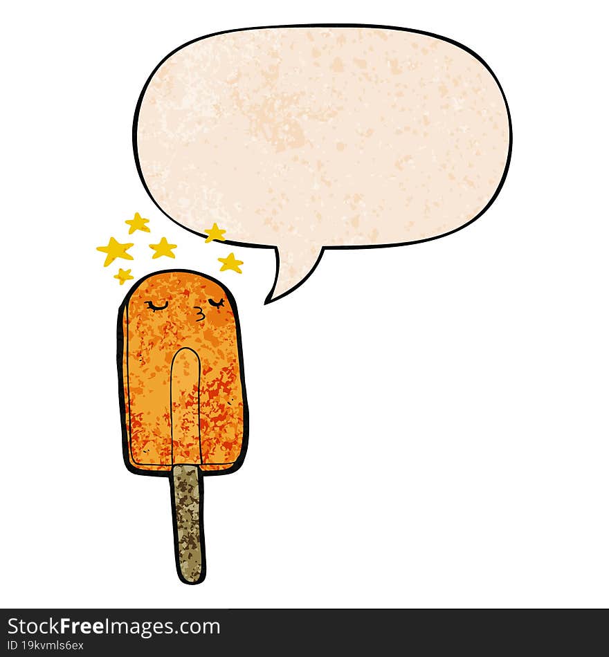 cartoon ice lolly and speech bubble in retro texture style