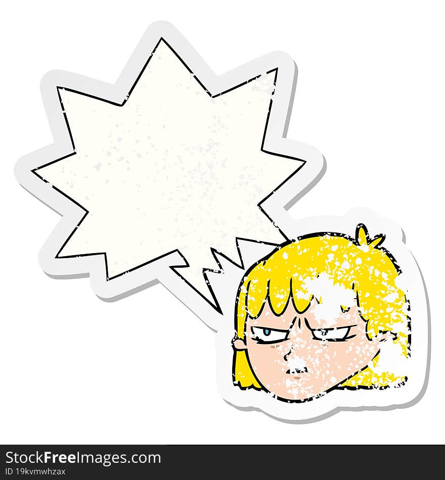 cartoon angry woman and speech bubble distressed sticker