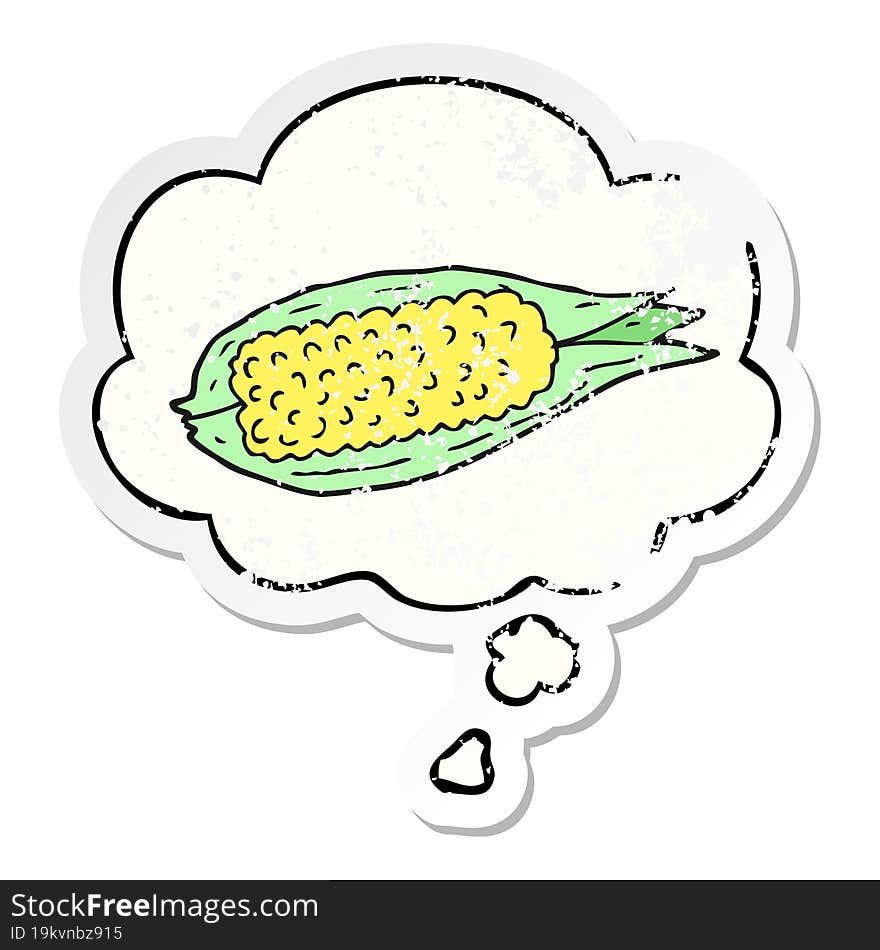 cartoon corn and thought bubble as a distressed worn sticker