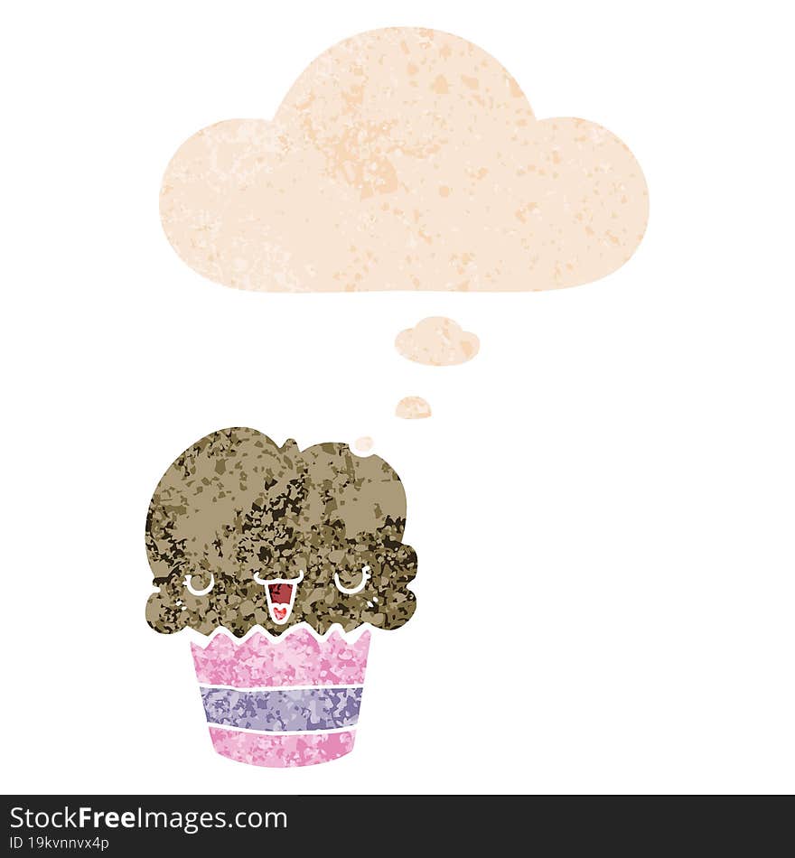 cartoon cupcake with face and thought bubble in retro textured style