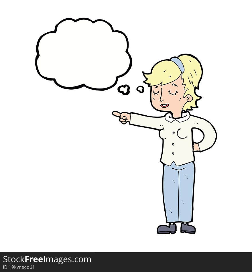 cartoon friendly woman pointing with thought bubble