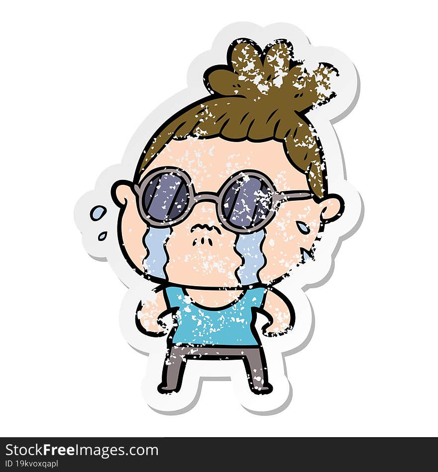 distressed sticker of a cartoon crying woman wearing sunglasses