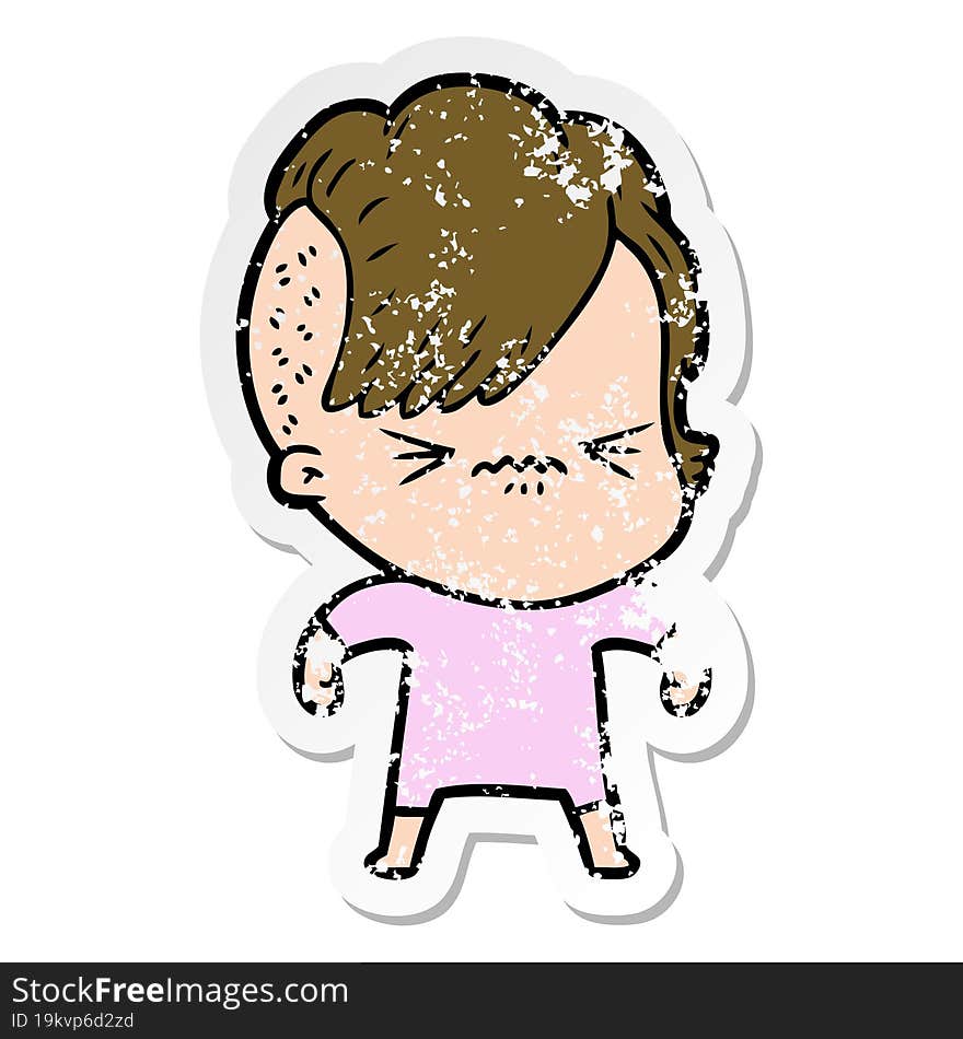 Distressed Sticker Of A Cartoon Annoyed Hipster Girl