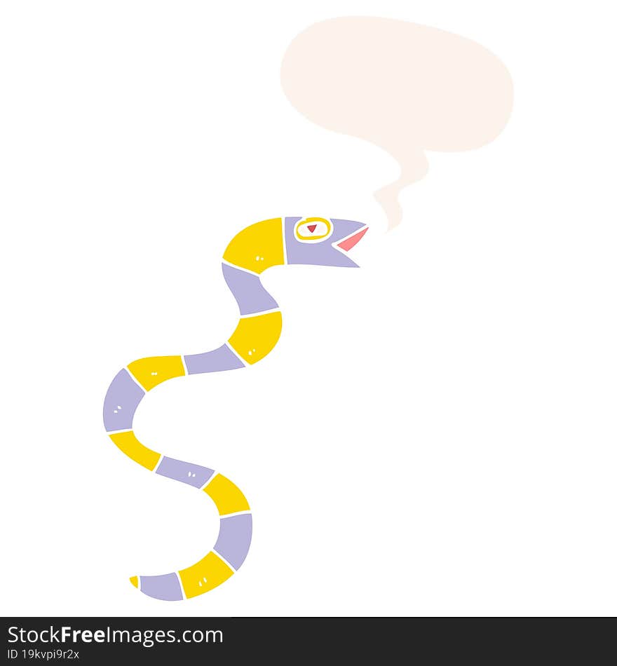 hissing cartoon snake and speech bubble in retro style