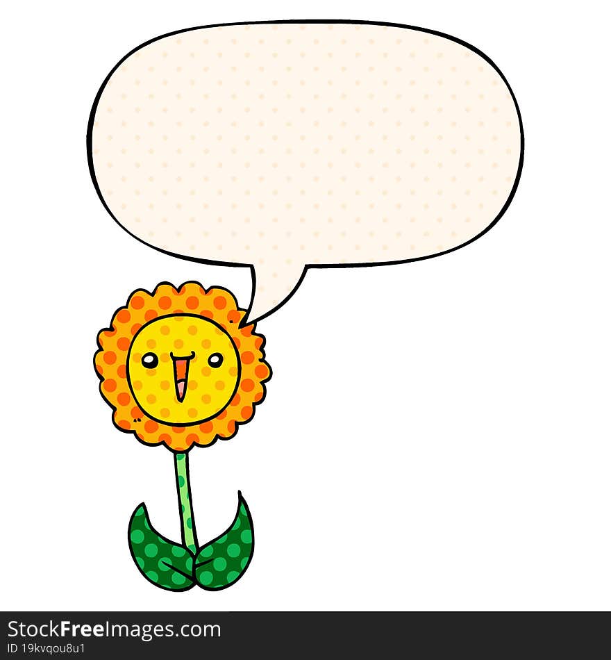 cartoon flower and speech bubble in comic book style