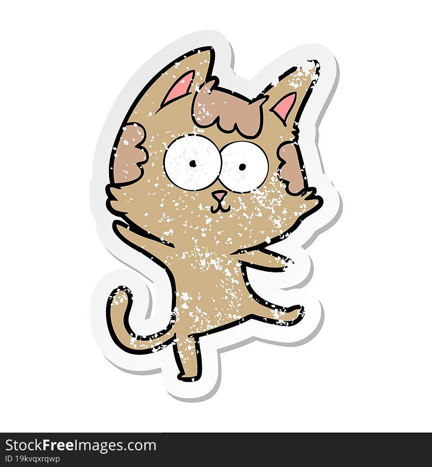 distressed sticker of a happy cartoon cat dancing