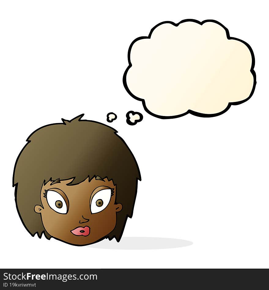 cartoon surprised female face with thought bubble