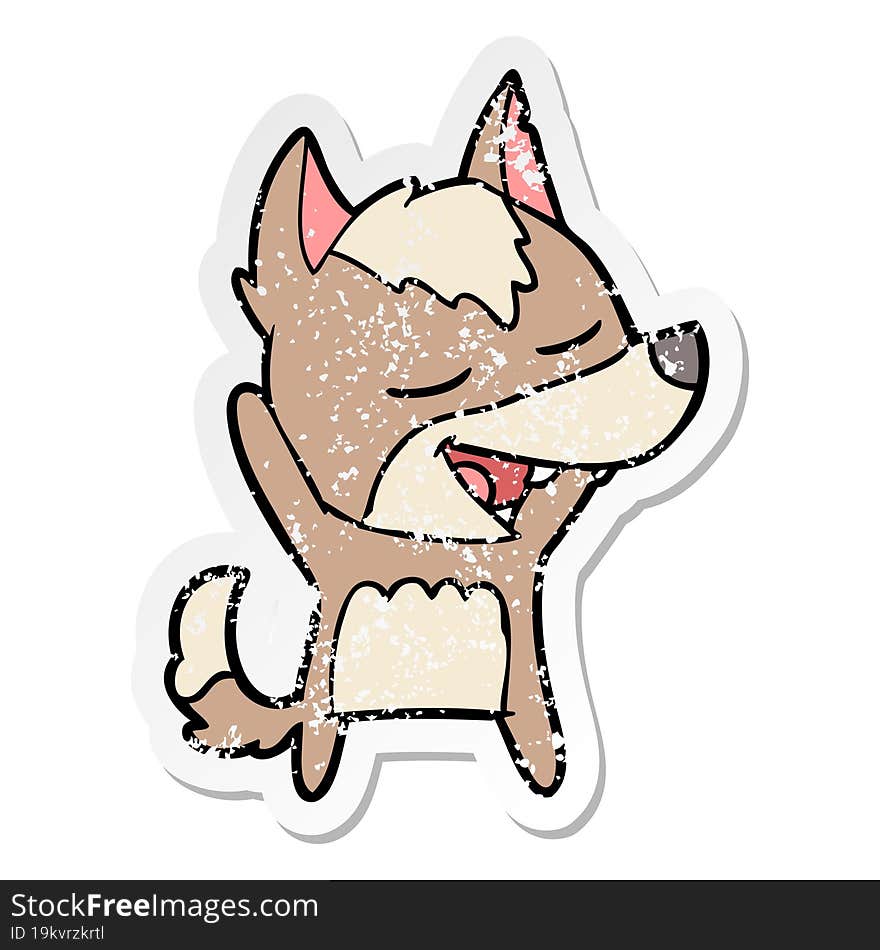 distressed sticker of a cartoon wolf laughing