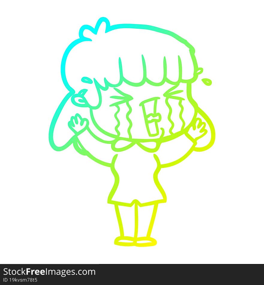 Cold Gradient Line Drawing Cartoon Woman In Tears