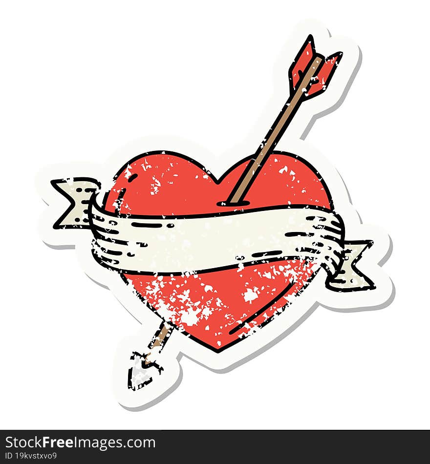 distressed sticker tattoo in traditional style of an arrow heart and banner. distressed sticker tattoo in traditional style of an arrow heart and banner