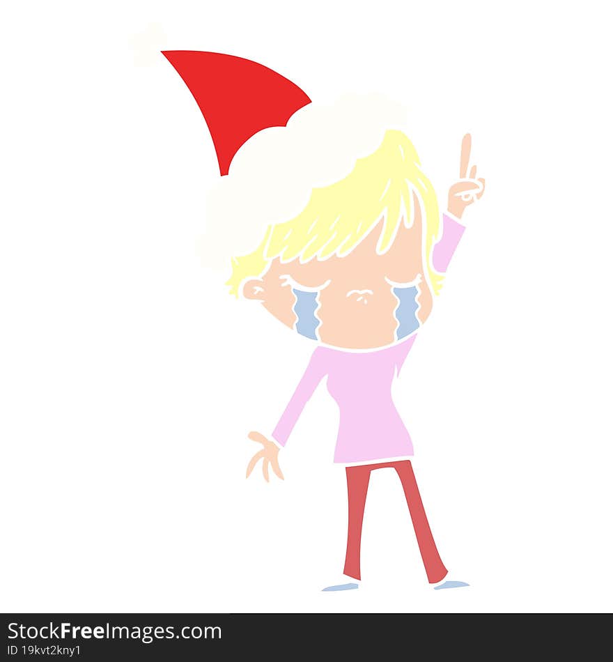 Flat Color Illustration Of A Woman Crying Wearing Santa Hat