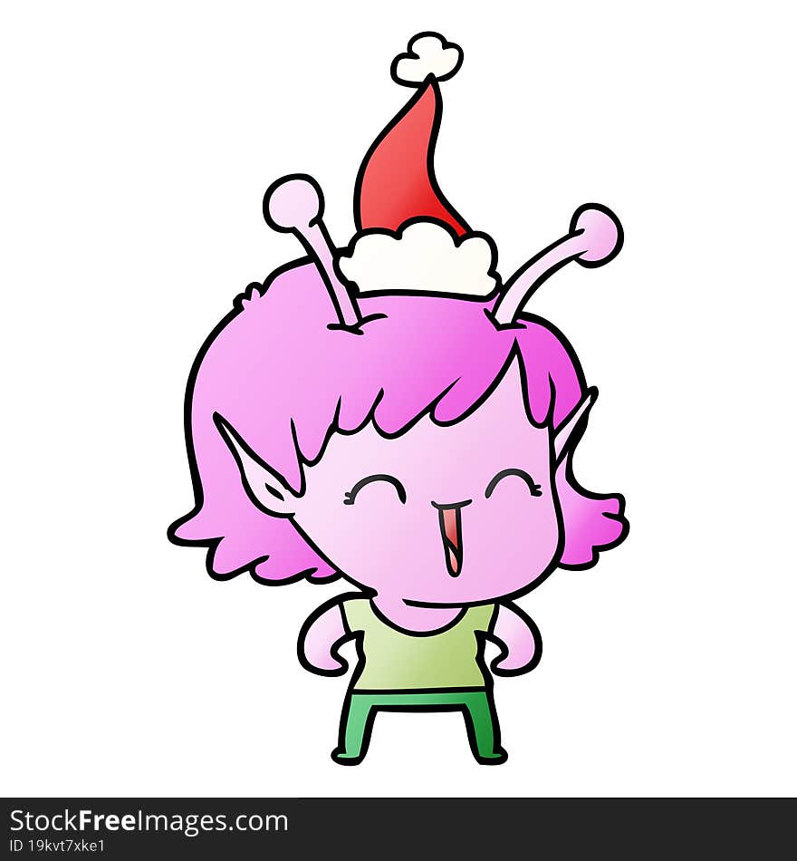 gradient cartoon of a alien girl laughing wearing santa hat