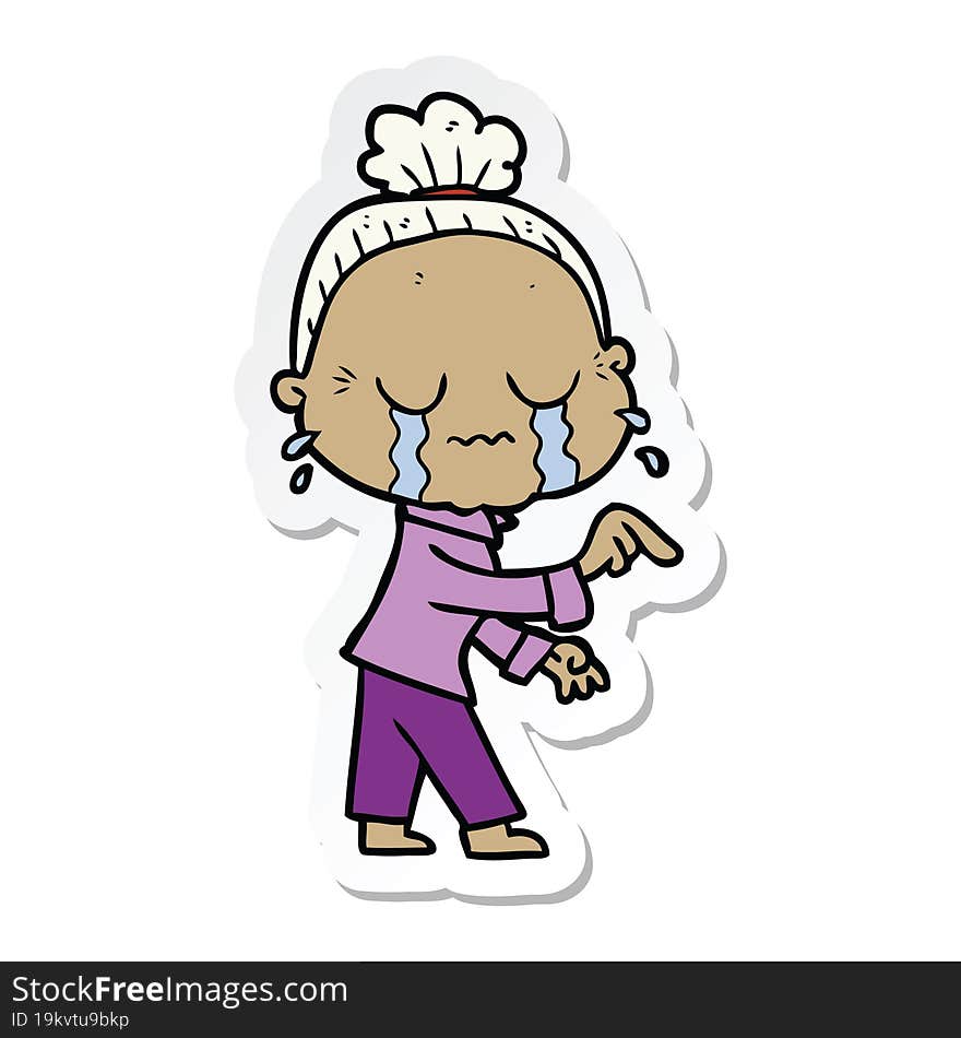 Sticker Of A Cartoon Crying Old Lady