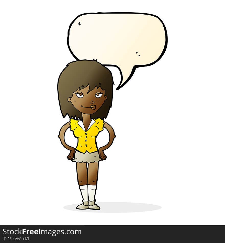 cartoon woman with hands on hips with speech bubble