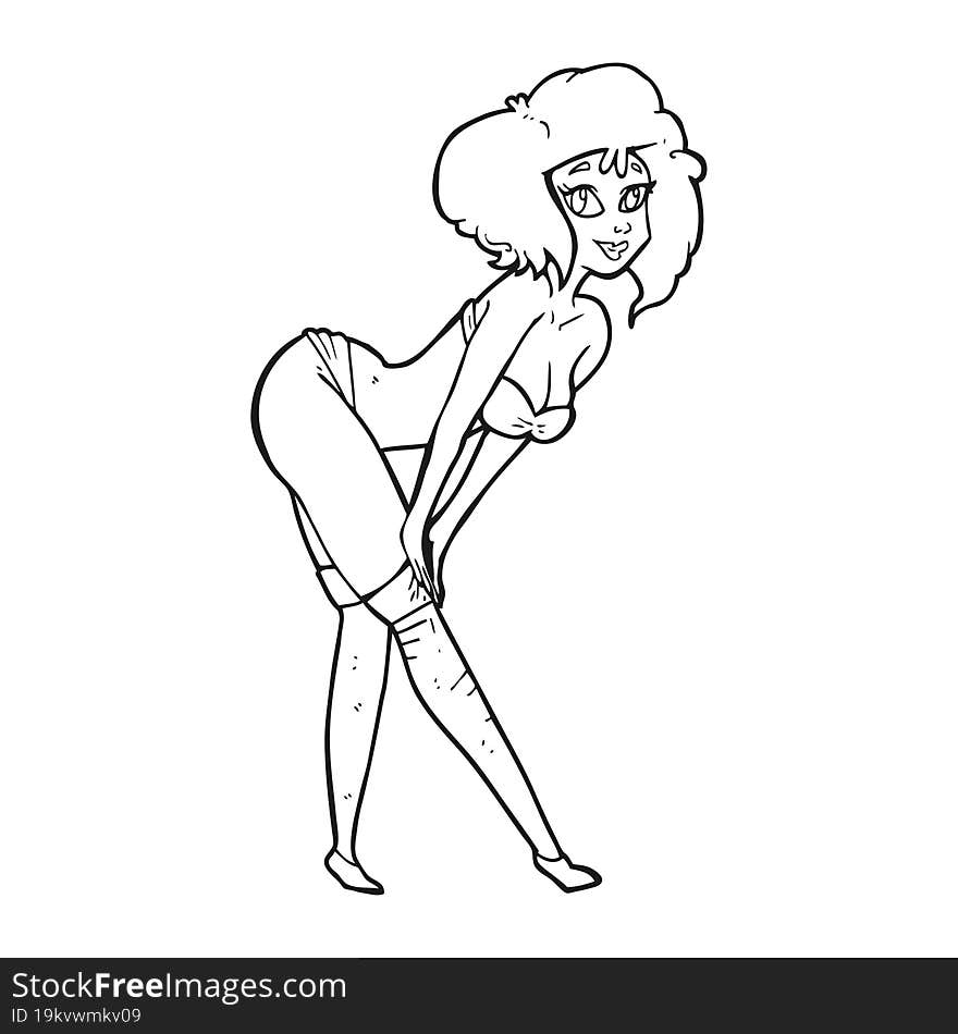 freehand drawn black and white cartoon pin up girl putting on stockings