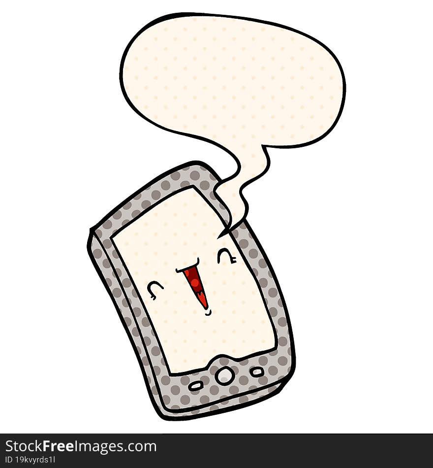 cute cartoon mobile phone with speech bubble in comic book style