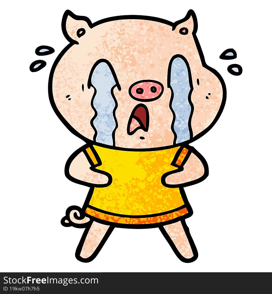 crying pig cartoon wearing human clothes. crying pig cartoon wearing human clothes