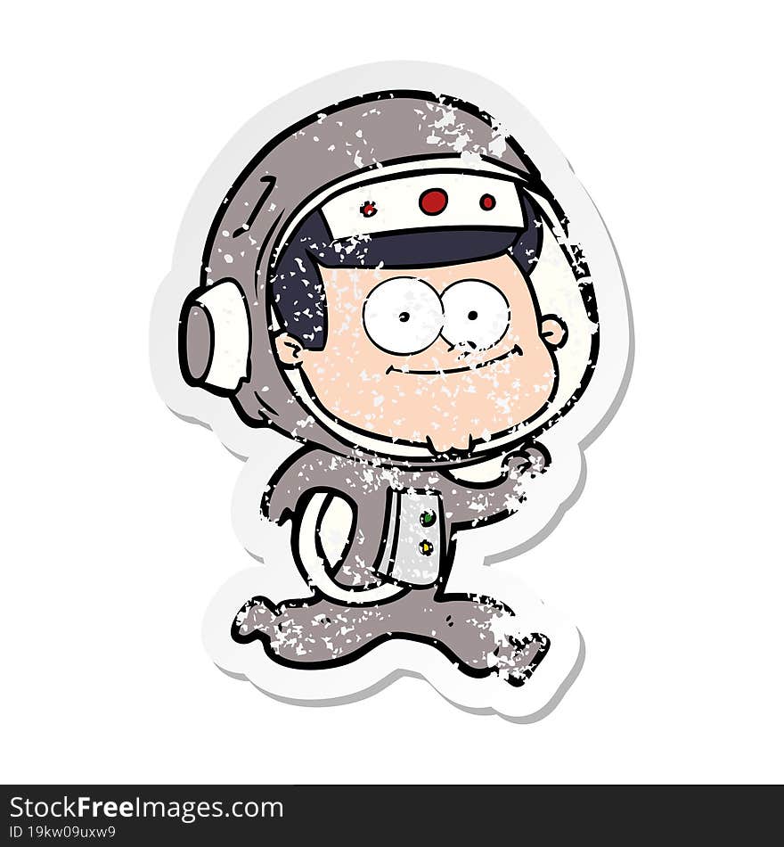 distressed sticker of a happy astronaut cartoon