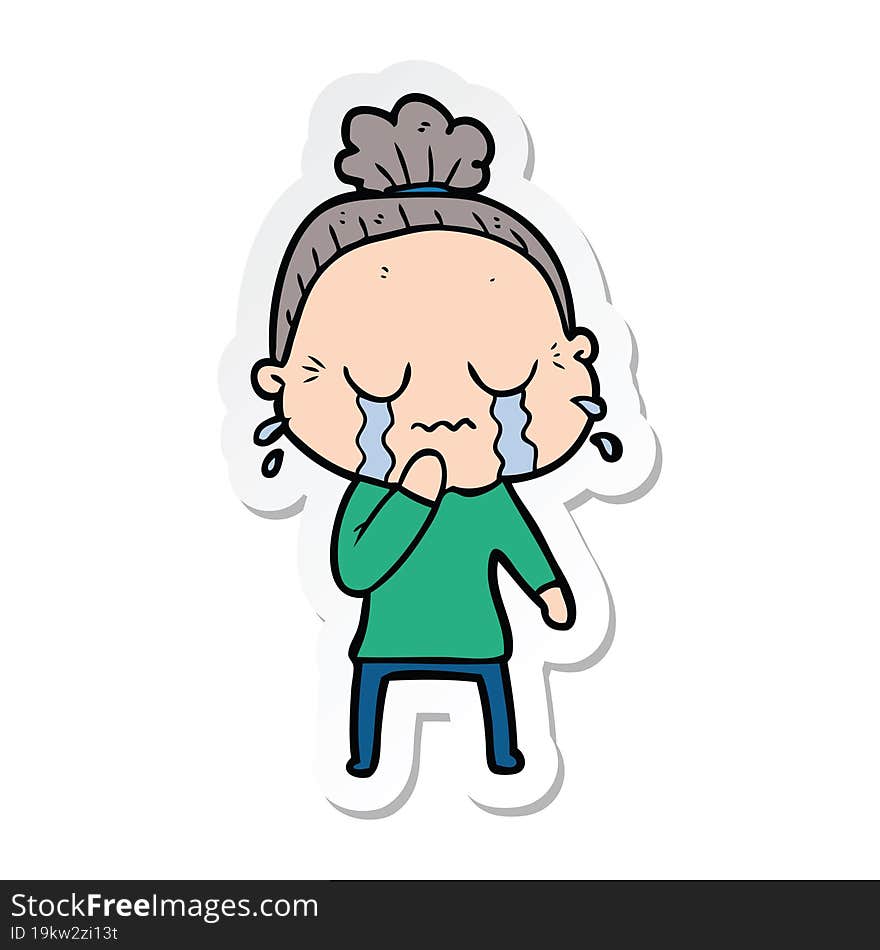 sticker of a cartoon old woman crying