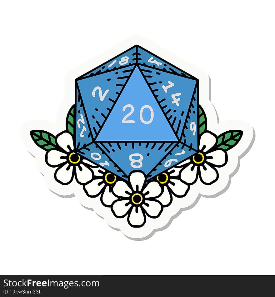 sticker of a natural 20 D20 dice roll with floral elements. sticker of a natural 20 D20 dice roll with floral elements